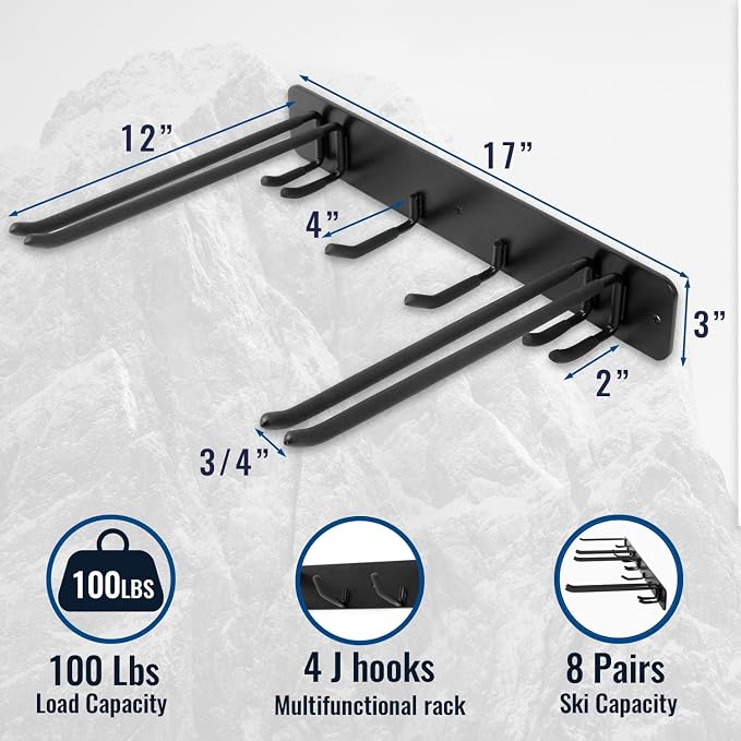 Wall Mount Ski Storage Rack, Garage Snowboard Storage Organizer 4 Pairs Metal - Image 3