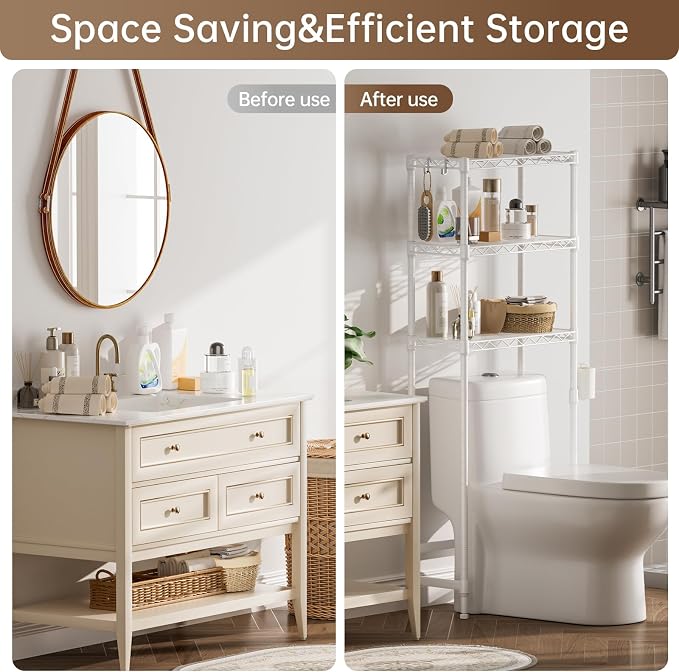 Over The Toilet Shelf, 3-Tier Adjustable Freestanding Metal Bathroom Organizer - Image 8