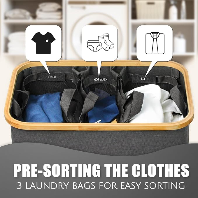 Laundry Hamper with Lid, 145L Extra Large Hamper 3 Section Dirty Clothes Hampers - Image 4