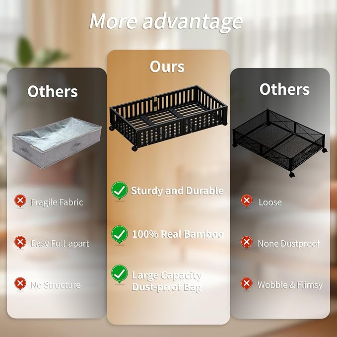 Bamboo Under Bed Storage with Wheels, Rolling Underbed Shoe Organizer Box - Image 4