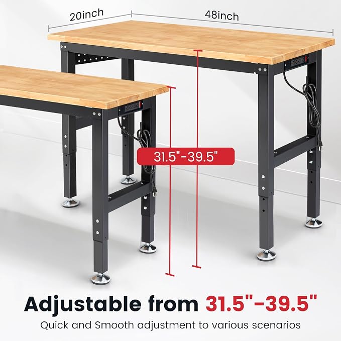 Work Bench for Garage 48 x 20 Inch Adjustable Height Rubberwood Tabletop Work - Image 2