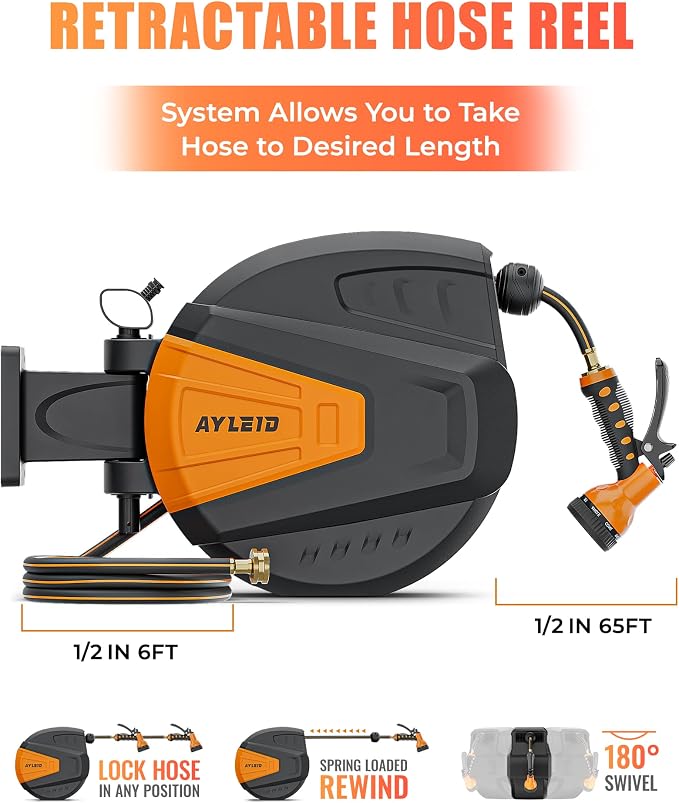 Ayleid Retractable Garden Hose Reel, 1/2 in x 65 ft Wall Mounted Hose Reel - Image 2