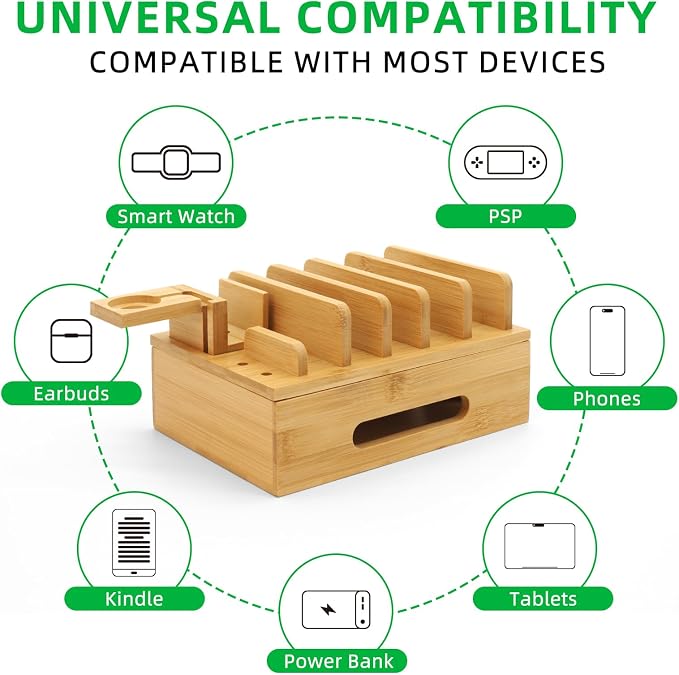 Bamboo Charging Station for Mutil Devices, Desktop Charging Station Organizer - Image 2