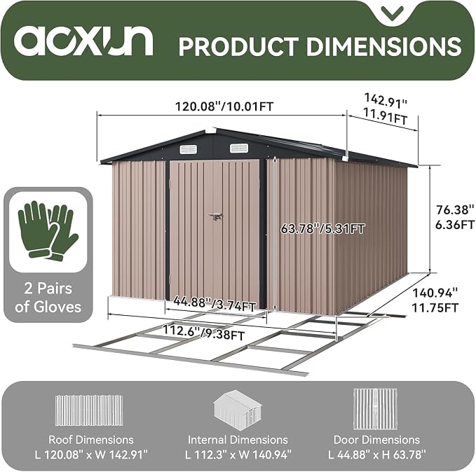 Aoxun 10 x 12FT Shed with Base Utility Garden Galvanized Steel Shed with - Image 2