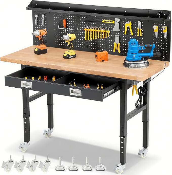 Workbench with Wheels 60 Inch Heavy Duty Rubberwood Tabletop Work Bench by ENJOYWOOD