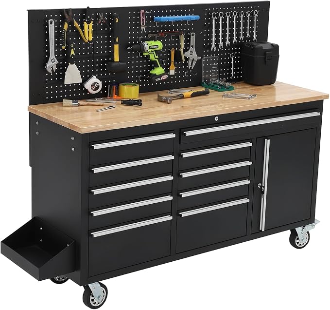 Rolling Tool Chest, 61 in Garage 10 Drawers Workbench Storage Tool Cabinet by Garvee