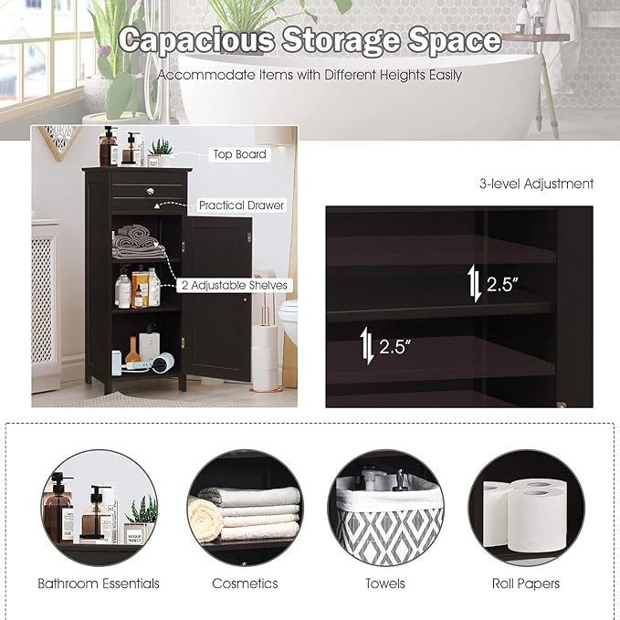 HAPPYGRILL Bathroom Floor Cabinet, Single Door Floor Storage Cabinet Organizer - Image 6