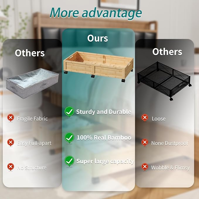 Bamboo Under Bed Storage Containers, Rolling Underbed Organizer - Image 6