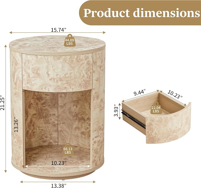 Side Table with Drawer, Round Bedside Table with Open Shelf, Farmhouse Burl - Image 2