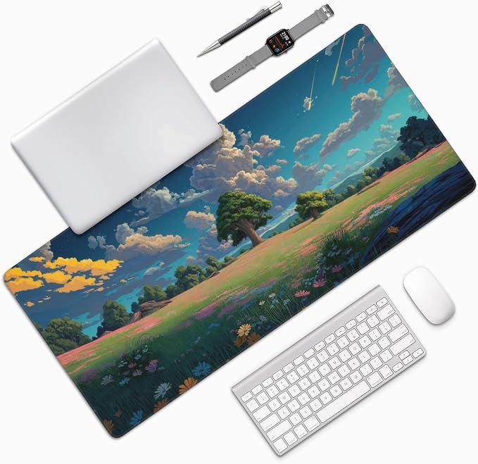 Anime Grass Flowers Blue Sky Large Mouse Pad, Vintage Aesthetic Gaming Desk Mat - Image 7