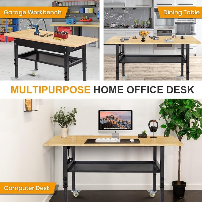 48"/60'' Adjustable Workbench, Rubber Wood Top Work Bench Heavy-Duty Work Table - Image 5