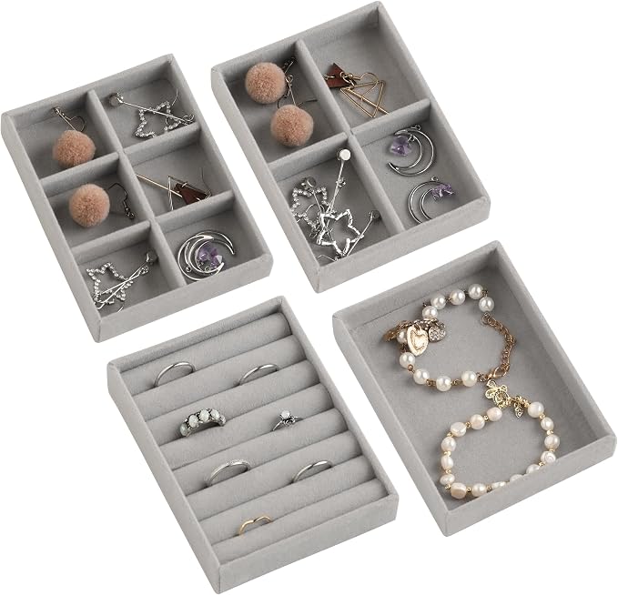 Frebeauty Small Jewelry Tray Set, Stackable Velvet Jewelry Organizer Tray by Frebeauty