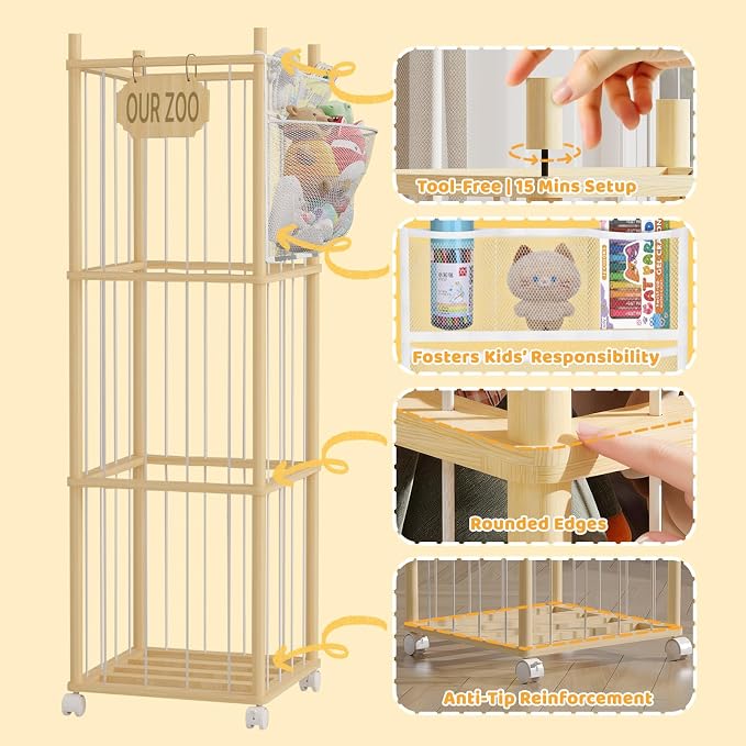 Stuffed Animal Storage with Net Wooden Toy Storage Organizer Stuffed Animal Zoo - Image 5
