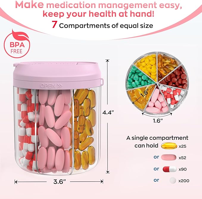 Pill Dispenser with 7 Large Compartments, Pill Bottle Organizer - Image 2