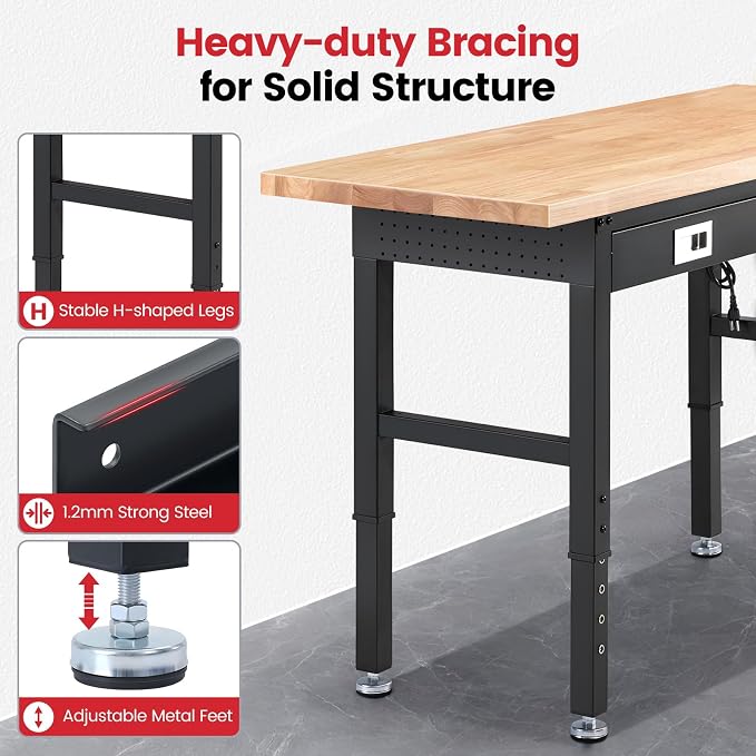 Work Bench with Shelf Bracket 60 Inch Heavy Duty Rubberwood Tabletop Workbench - Image 4