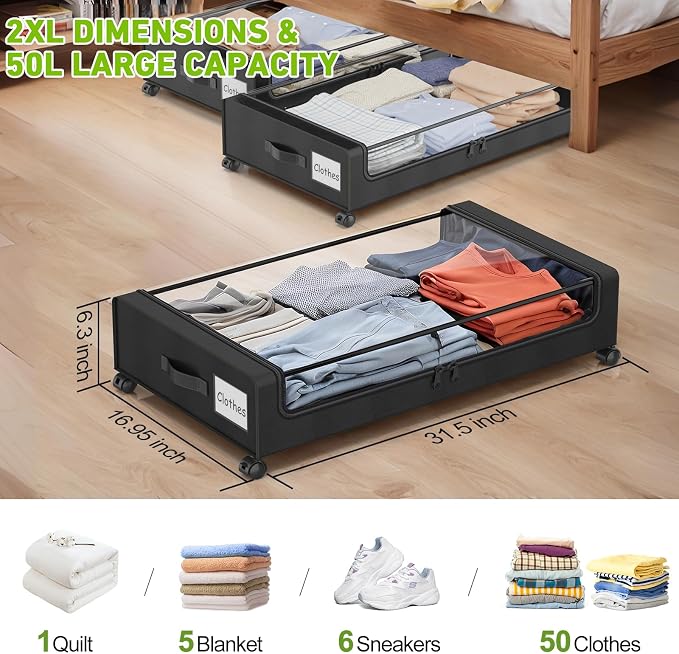 Under Bed Storage with Wheels, Under Bed Shoe Storage Organizer, Rolling Under - Image 2