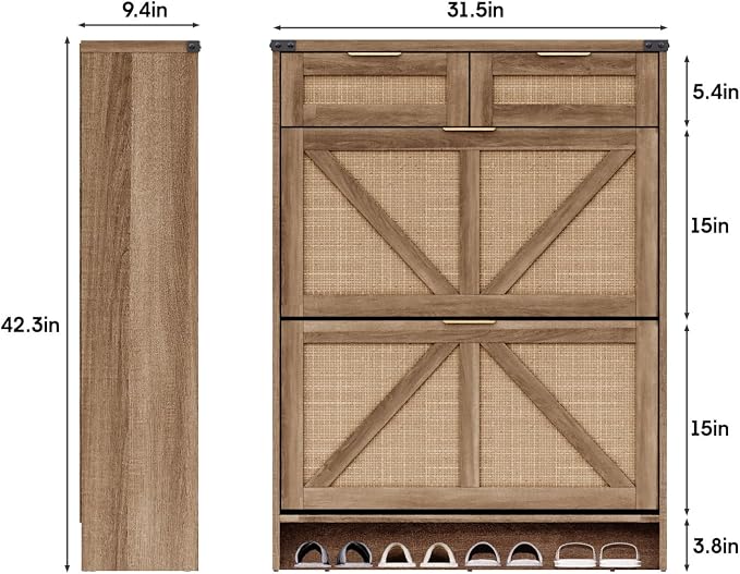Shoe Cabinet with 2 Flip Drawers & 2 Drawers, Farmhouse Shoe Storage Cabinet - Image 2