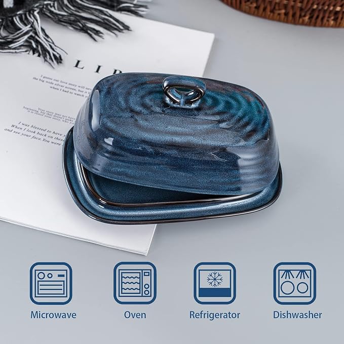 Hasense Butter Dish with Lid, Porcelain Butter Container with Handle - Image 3