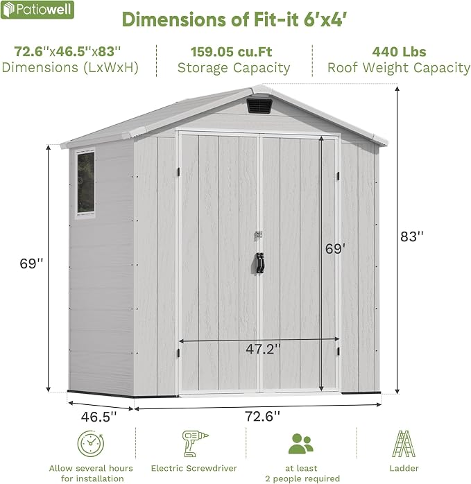 Patiowell 6X4 FT Outdoor Storage Shed, Plastic Tool Sheds - Image 3