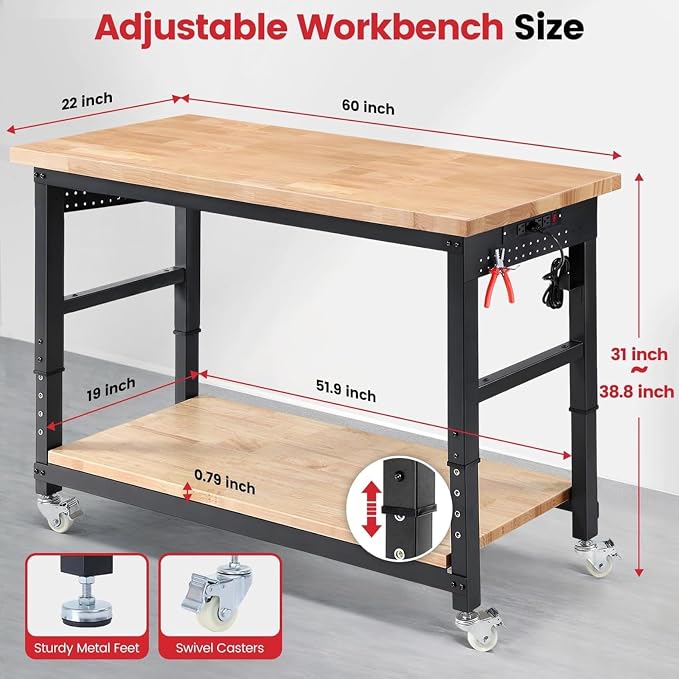 Workbench with Wheels 60 x 22 Heavy Duty Rubberwood Tabletop Work Bench - Image 7