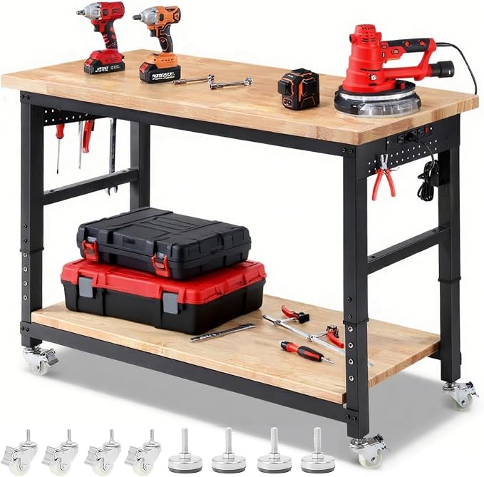 Workbench with Wheels 60 x 22 Heavy Duty Rubberwood Tabletop Work Bench by ENJOYWOOD