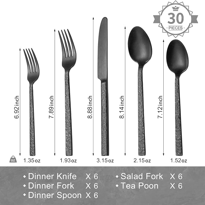 KINGSTONE 30 Pcs Black Hammered Silverware Set - Image 2