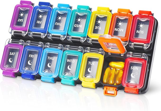 Fullicon Moisture Proof Pill Organizer 2 Times a Day, Large 7 Day Box, Spill by Fullicon