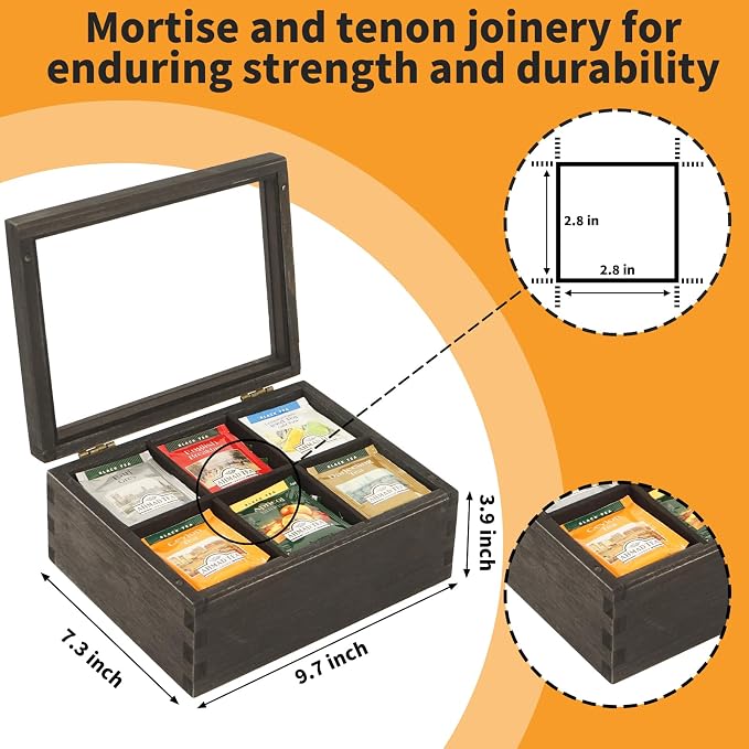 LI.TOPWP Black Wood Tea Bag Organizer, 6 Compartment Multi-Functional Tea Box - Image 2