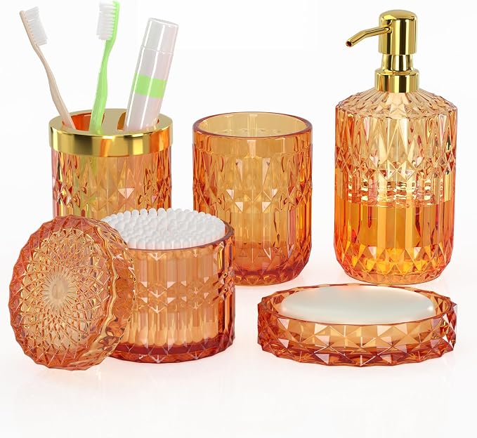 Orange Bathroom Accessories Set, Soap Dish, Toothbrush Holder, Cotton Swab Jars by QIQU