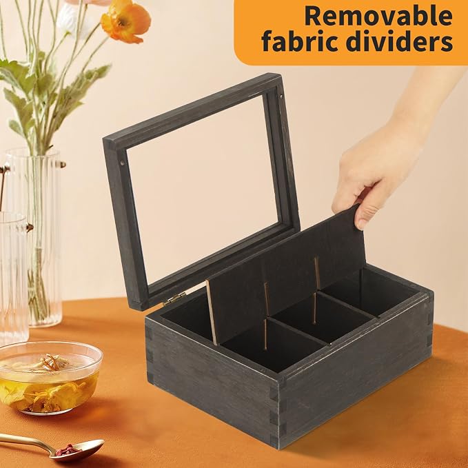LI.TOPWP Black Wood Tea Bag Organizer, 6 Compartment Multi-Functional Tea Box - Image 5