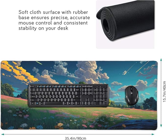 Anime Grass Flowers Blue Sky Large Mouse Pad, Vintage Aesthetic Gaming Desk Mat - Image 3