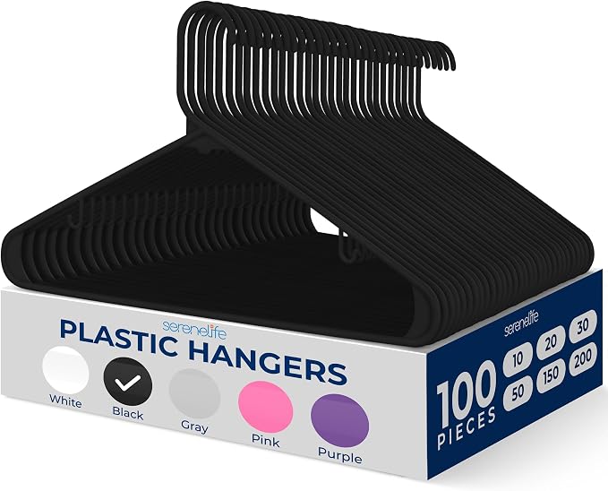 SereneLife 100 Pack Black Plastic Hangers – Ultra Lightweight Non-Slip Slim by SereneLife