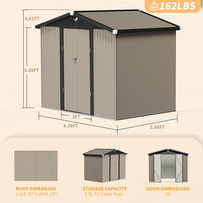 8x6 FT Outdoor Storage Shed, Metal Tool Sheds, Waterproof Outside Storage Shed - Image 2