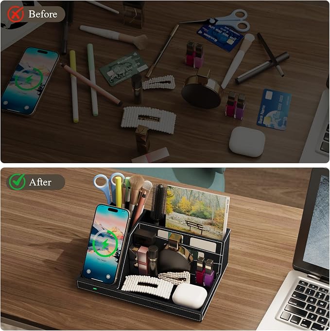TopMade Wireless Charger Desk Nightstand Organizer, Leather Pen Holder Office - Image 2