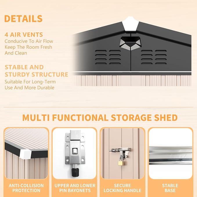 8x6 FT Outdoor Storage Shed, Metal Tool Sheds, Waterproof Outside Storage Shed - Image 4