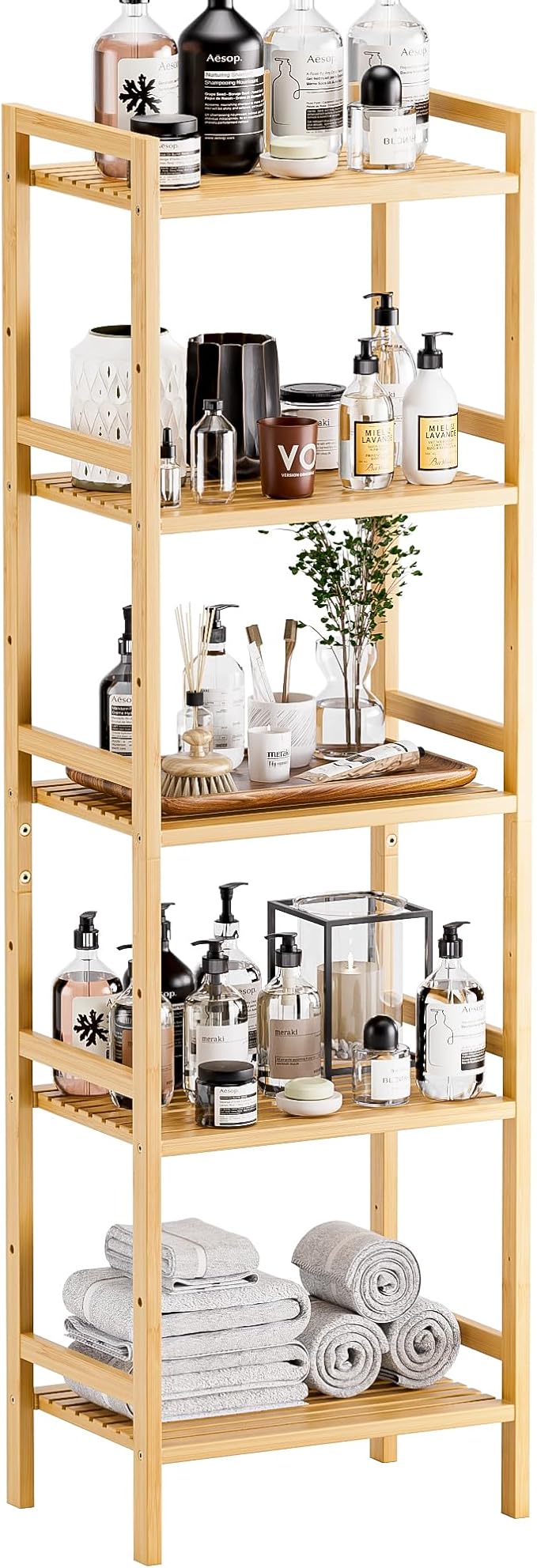 HITNET Tall Narrow Bookshelf, 5 Tier Bathroom Shelf Bamboo, Floor Standing by HITNET