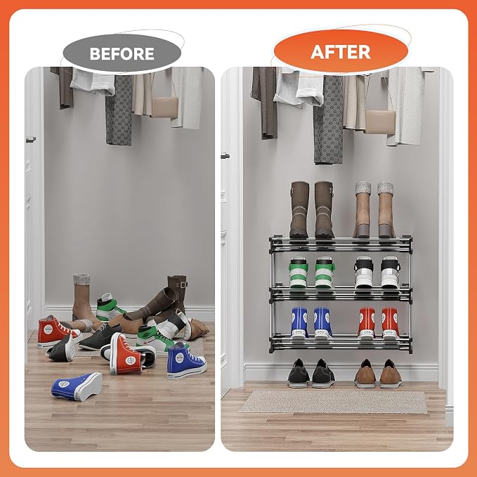 3 Tier Narrow Shoe Rack with Hook and Loop Sticky Adhesive Strips Shoe Shelf - Image 4