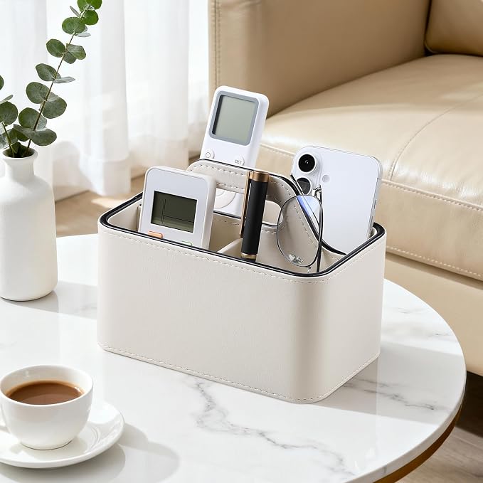 Caddy Organizer with Handle, PU Leather Remote Control Holder Desk Caddy - Image 4
