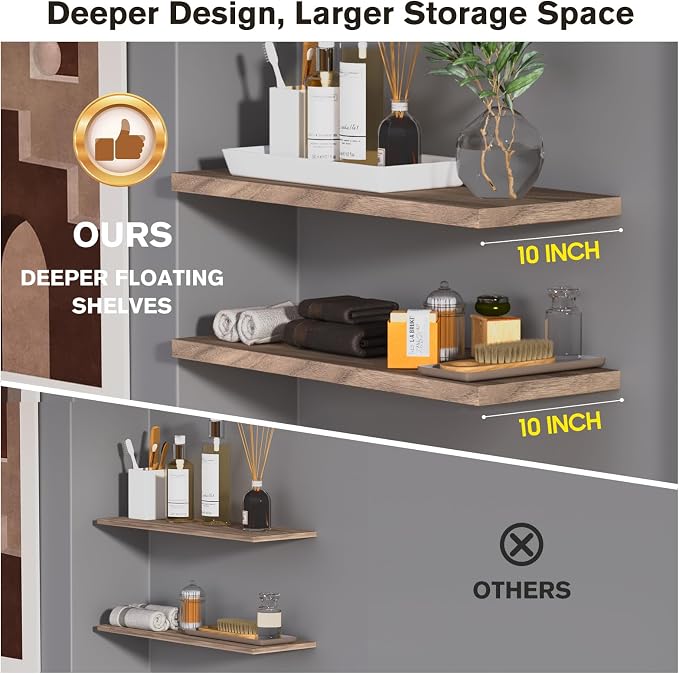 Wall Shelf Set of 3, Walnut Floating Shelves 24 in W x 10 in D x 1 in H - Image 4