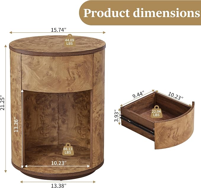 Side Table with Drawer, Round Bedside Table with Open Shelf, Farmhouse Burl - Image 2