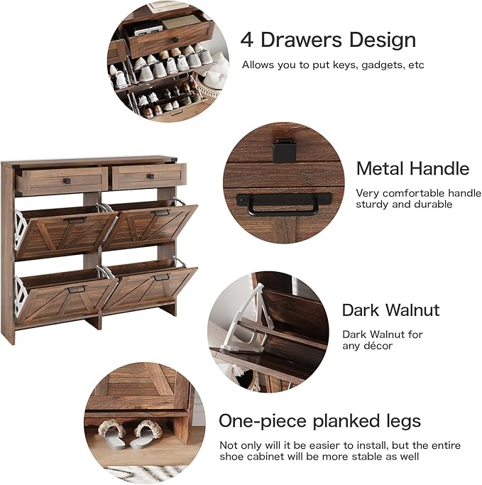 Shoe Cabinet with 4 Flip Drawers & 2 Drawers, Farmhouse Shoe Storage Cabinet - Image 4