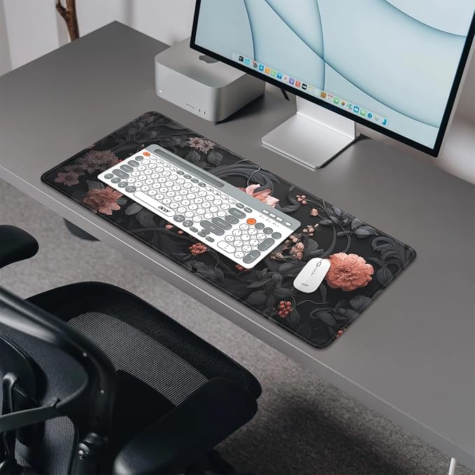 Black Art Flowers Mouse Pad, Large Vintage Floral Mousepad Desk Pad - Image 4