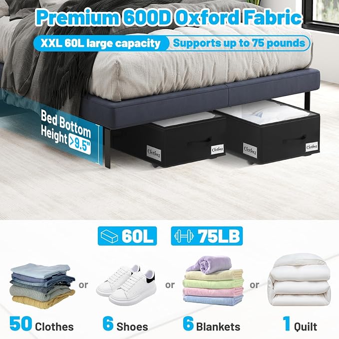 2 Pack Under Bed Storage with Wheels 10" Height, Rolling Storage Bins XXL 60L - Image 2