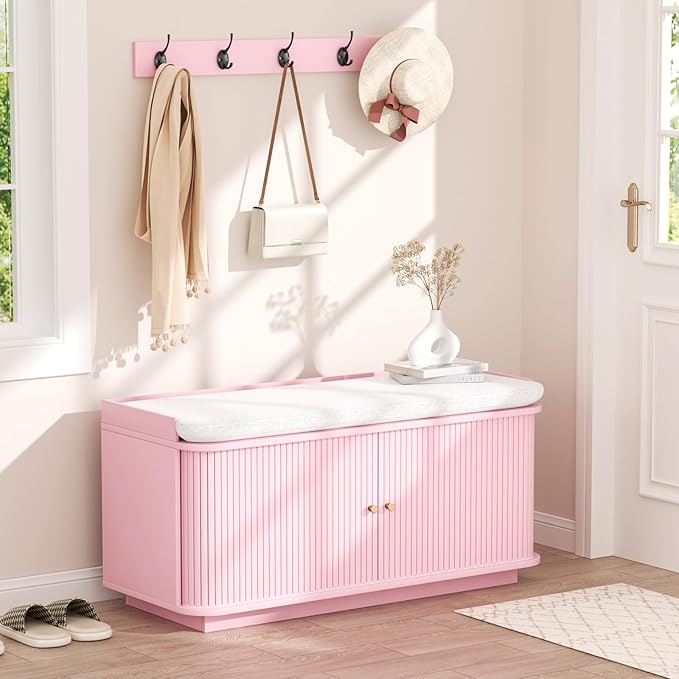 Hall Tree with Bench and Shoe Storage, Entryway Bench with Sliding Door Cabinet by Unknown