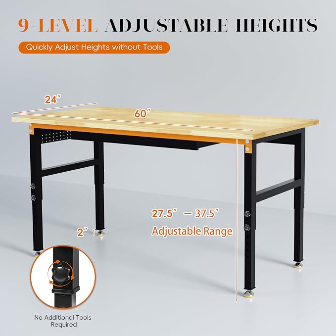 Betterhood 60" Adjustable Height Workbench, 2000 LBS Heavy Duty Work Table - Image 2