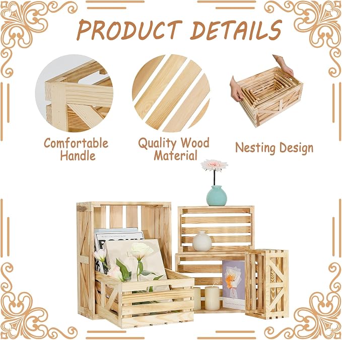5 Pcs Decorative Wooden Crates for Display, Wood Storage Crate for Home Rustic - Image 3