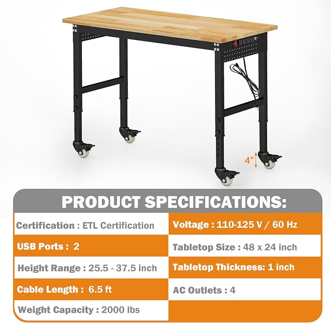 Betterhood 48" Adjustable Workbench on Wheels, Rubber Wood Heavy Duty - Image 6