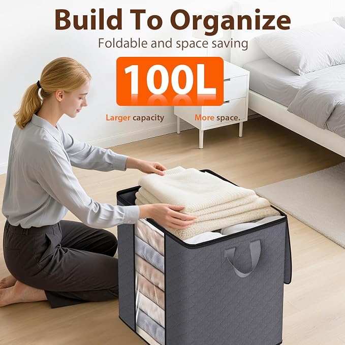 SpaceWhisper 4 Pack 100L Clothes Storage, Foldable Thick Fabric Blanket Storage - Image 5