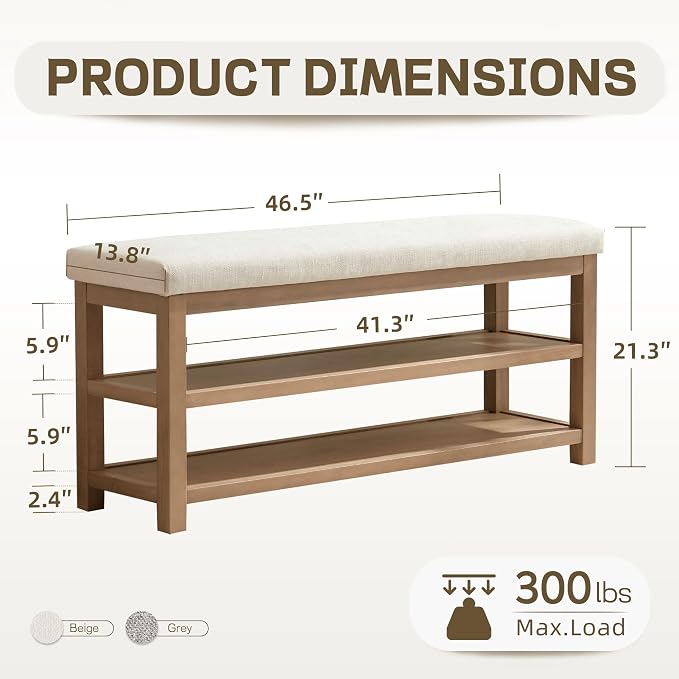 2 Tier Shoe Rack Bench with Cushion, Solid Wood Shoe Benches, Mid-Century - Image 2