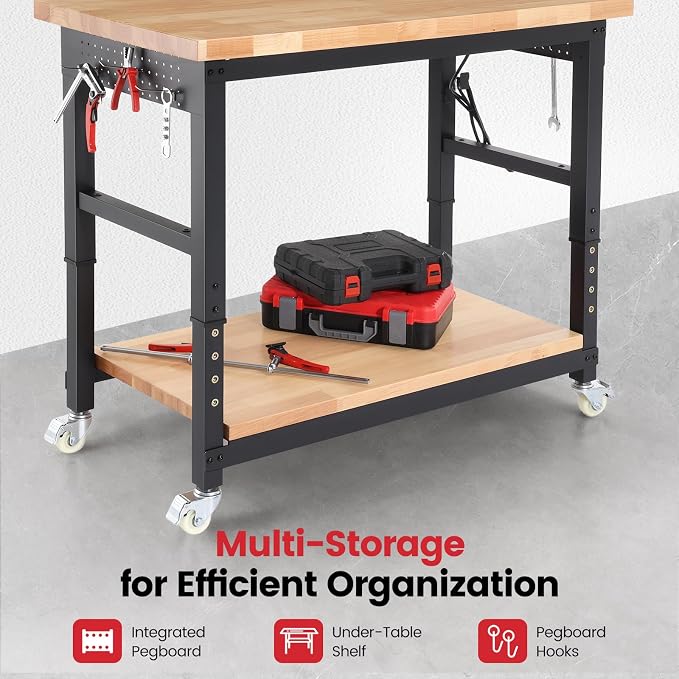 Workbench with Wheels 48 Inch Adjustable Height Work Table with Under Table - Image 5